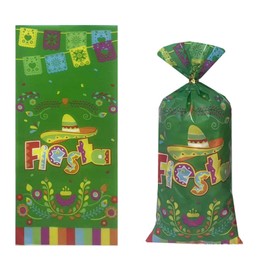 CSTYWC 50 Pieces Mexican Fiesta Cellophane Treat Bags Cinco De Mayo Themed Party Favor Bag Plastic Candy Bags Goodie Gift Bags Taco Bar Decor with 50PCS Twist Ties for Fiesta Mexico Party Decoration