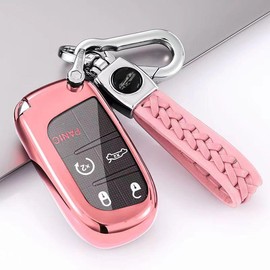 Car Key Case, Soft TPU Car Key Protector with PU Leather Keychain, Key Protector for Jeep Grand Cherokee Renegade Compass Wrangler, Smart Key Case - Color: Pink, Specification: 1pc