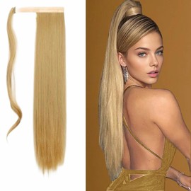 SIMIWALI Kinky Straight Clip In Hair Extensions Ponytail Hairpiece with Hairpins Thick Magic Paste Natural Long Fluffy Soft Wrap Around Yaki Synthetic Pony Tail Hair for Black Women Blonde 22”