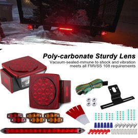 Traberm LED Trailer Tail Light Kit, 2Pcs Square LED Stop Turn Tail Brake Lights, 2.53" Mini Oval Markers Clearance(2Red+4Amber), 13.7" Inch Led Trailer Tail 3RD Brake Light Bar w/25ft Wiring Harness