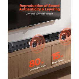 VEVOR Sound Bar for Smart TV, 2.0 Channel, 32-Inch Compact Soundbar TV Speakers for Projector, Bluetooth AUX Connection, Remote Control, Easy Setup, 80W Surround Sound System for PC Home Theater Audio