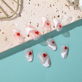 Valentines Day Press on Nails Short Almond French Tip Fake Nails Pink Full Cover Red Heart False Nails with Designs Glossy Glue on Nails Cute Acrylic Nails Artificial Nails for Women Girls 24Pcs