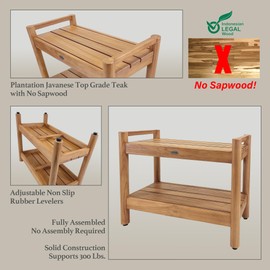 SPATEAK Asta Select Solid Teak 26" Shower Bench with Arms, Portable Teak Wood Spa/Shower/Outdoor Bench with Storage Shelf, Accent Side Table, Fully Assembled, ST-62A