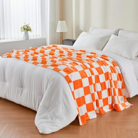 BEDELITE Checkered Throw Blanket Twin Size for Couch and Bed, Luxurious Fleece Blanket with Checkerboard Grid Home Decor, Soft Cozy Orange and White Warm Blankets for Spring, 60"x80"