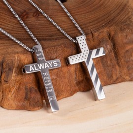 FUNPAR American Flag Cross Breathing Necklace, Stainless Steel Patriotic Jewelry, Inspirational Bible Verse Cross Necklace, Anxiety Relief Items for Men Christian Gift(Silver 28:20)