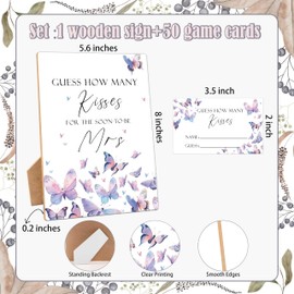How Many Kisses Bridal Shower Games, Guess How Many Kisses For The Soon To Be Mrs, 1 Wooden Sign with 50 Cards, Butterfly Guessing Game for Wedding, Bachelorette Party Night, Engagement Decoration