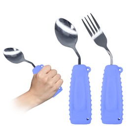 Ehucon Adaptive Utensils,Weighted Angled Silverware,Parkinsons Aids,Angled Silverware Spoon and Fork Set for Elderly, Arthritis, Dementia, Disable, Handicapped Hands (Right Hand,Pack of 2,Purple)