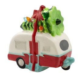 VILLAGE GIFT IMPORTERS Ceramic Shimmer Camper with Christmas Tree on Roof | Turn On to Make The Christmas Lights Glow | Holiday Home Decoration | Cheerful Accent Night Light