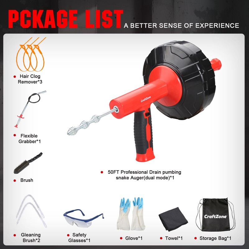 Drain Auger 33 Ft with Easy Cable Rewind System, Plumbing