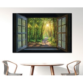 WOOHOOROO Fake Window Decal for Home Decor-Enchanting Woodland Landscape with Tall Trees, Sunlit Trail, and Warm,Golden Glow Mural,24" x 36"