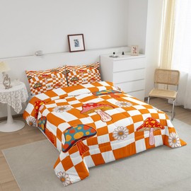 Retro 60s 70s Groovy Flower Comforter Set,Kawaii Trippy Mushroom Bedding Set for Girls Women Adult,Cute 1970 Daisy Hippie Quilt Set Full,Orange White Plaid Checkered Duvet Insert with 2 Pillowcases