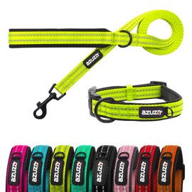 azuza Dog Collar and Leash Set, Durable Padded & Reflective Strip, Super Comfy for Medium Dogs, Fluorescent Yellow