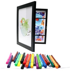 AhaGo Kids Art Frame, Changeable Display 8.5"×11" or 7"×9" with Mat, Storage 100 with Magnetic Door, Black, For Children Artwork, Desktop or Wall Mounted, with 24 Marker Pens
