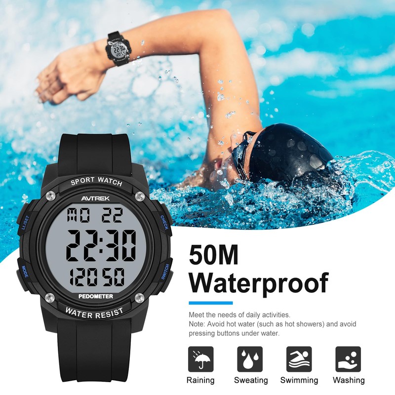 AVTREK Waterproof Pedometer Watch Step Counter for Walking No APP/Bluetooth