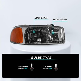 TUSDAR 2PCS Headlight Assembly for 1999-2006 GMC Sierra 1500 2500 3500 00-06 GMC Yukon XL with Park Signal Light Smoked Lens Amber Reflector with Bulbs NOT FIT DENALI MODEL