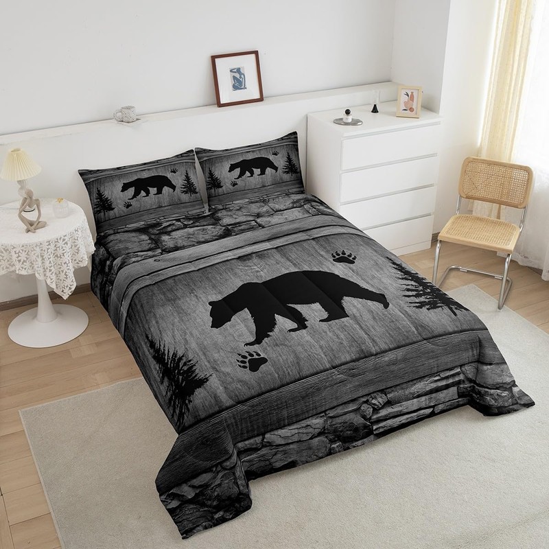 Manfei Rustic Bear Comforter Set Queen Size, Black Trees Deer