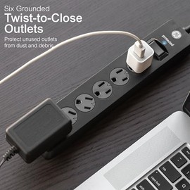 GE Tira Multicontactos De 6 Salidas con Supresor De Picos Y Enchufe Plano, Protector de Sobretensión, Cable De Extensión De 1.8 Metros (6 Pies), 800 Julios, Negro, 1 Unidad, 33661