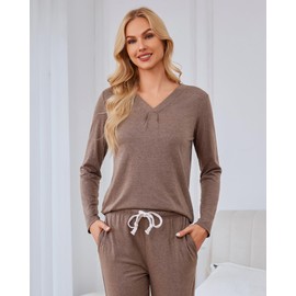 difficort Women's Pajama Sets Long Sleeve Lounge Sets Pjs Sleepwear with Pockets,Brown,Large