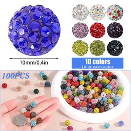 10 mm Glitter Beads for Threading, 100 Disco Ball Beads for Threading, Suitable for Bracelets, Necklaces, Earrings, Key Chains, Pins, Hair Accessories and Other Jewellery Making (Colour)