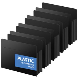 Nordun Plastic Expanding File Pockets Extra Capacity,5 Pack File Pockets Letter Size, Heavy Duty 3.5 Inch Expansion,Straight-Cut Tab,Accordion File Jacket for Bulky Files,Black