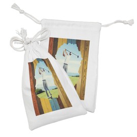 Ambesonne Golf Fabric Pouch Set of 2, Back View of a Golfer Man Shooting the Ball Photo on Colorful Wooden Planks, Small Drawstring Bag for Toiletries Masks and Favors, 9" x 6", Blue and Pale Blue