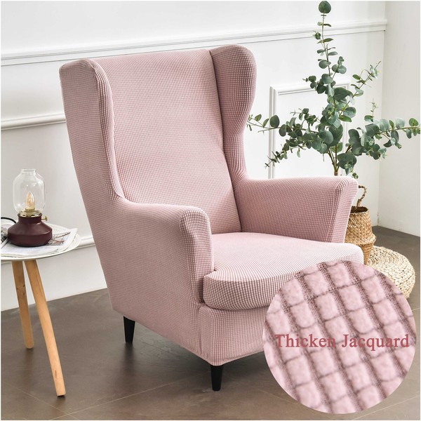 Highdi Wingback Chair Covers 2 Piece Stretch Wing Chair Slipcover, Solid color Jacquard Thicken Strandmon Sofa Cover Furniture Protector for Armchair Chairs Living Room Bedroom Hotel (Pink)