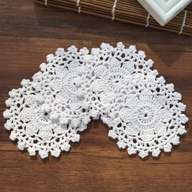 gracebuy Pack of 4PCS White 4 Inch Round Handmade Cotton Crochet Lace Placemats Coasters