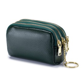 AprinCtempsD Ladies Coin Purse Genuine Leather Womens Mini Wallet Pouch with Key Ring Credit Card Holder Small with Multiple Zips (Green)
