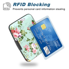 Atufsuat Credit Card Holder, Mini Aluminum Card Wallet RFID Blocking Slim Metal Hard Card Case for Women Men, Green Flowers
