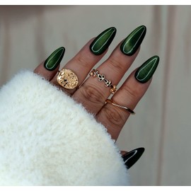 10 Pcs Handmade Press on Nails ( Extra Small, Green Cat Eye /Green Moon Stone on Black /Almond) A012XS