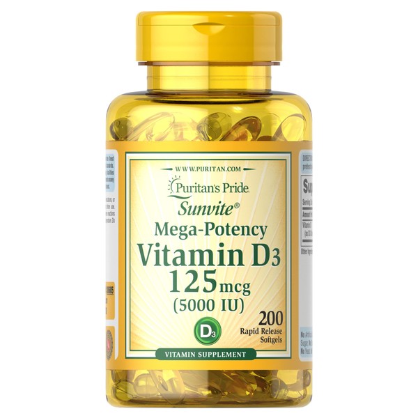 Vitamin D3 5,000 IU Bolsters Immunity by Puritan's Pride for Immune System Support and Healthy Bones and Teeth 200 Softgels, packaging may vary
