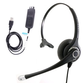 VoIP Headset with USB Headset Adapter for softphones, Bria X-Lite, Skype. Best Sound Quality Noise Cancel Mic Monaural Headset compatible with Jabra QD