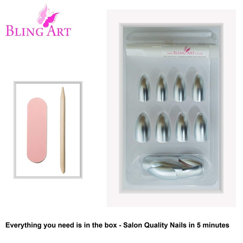 False Nails by Bling Art Silver Matte Metallic Almond Stiletto