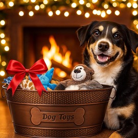 BREKX Indestructible Metal Dog Toy Bin - Copper Galvanized Storage Bin with Handles, Pet Storage Organizer - Ropes, Blankets, & Leashes, Bone Design Pet Toy Box (15-Quart)