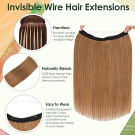 Benehair Real Human Hair Wire Extensions for Women One Piece Straight Adjustable #6 Light Brown Invisible Wire Clip in Hair Extensions 16 Inches (65g)