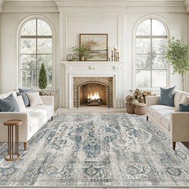 xilixili 9x12 Area Rugs for Living Room, Machine Washable Non Slip Vintage Rug, Non-Slip Stain Resistant, Large Soft Home Decor Rug for Bedroom Dining Room (Blue/Grey,9'x12')