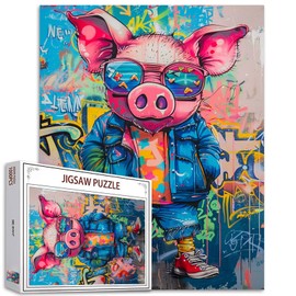 Farmhouse Cute Pig 1000 Piece Jigsaw Puzzle for Adults - Challenging Puzzle Perfect for Game Nights -Adult 1000 Piece Puzzle Pig Wearing Clothes Rustic Graffiti Arts Puzzles