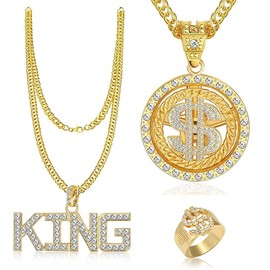 LongZYU Pack of 3 Dollar & King Chain Dollar Sign Ring Hip Hop Costume Set Rock Star Rapper Necklace Set Dollar Pendant Jewellery Gangster 80s 90s Outfit Men's Costume Gold Ring for Carnival, Zinc