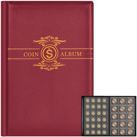 Coin Collection Book Supplies Holder Album for Collectors, 300 Pockets Pressed Coin Sleeves Display Storage Case for Multi-coins Collections Holders, Quarters, Pennies, Silver Dollar Coins-(Red)
