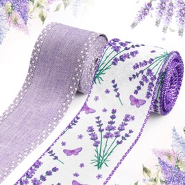 Threetols 2 Rolls 10 Yards Floral Wired Edge Ribbon, 2.5inch Purple Lavender Butterfly Burlap Ribbon, Purple White Dot Gift Wrapping Ribbon for Farmhouse Party DIY Craft Spring Wreaths Bow Decoration