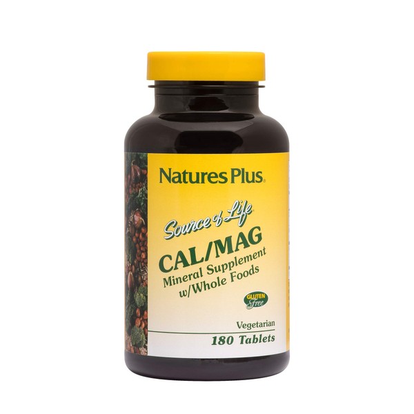 NaturesPlus Source of Life Cal/Mag Mineral Supplement- 500 mg Calcium , 250 mg Magnesium , 180 Vegetarian Tablets - Whole Food Supplement , Promotes Bone Health - Gluten-Free - 90 Servings