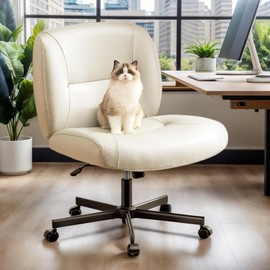 Marsail Criss Cross Chair with Wheels, Scratch-Resistant PVC Leather Cross Legged Office Chair, Wide Mid-Back Comfy Armless Desk Chair, Height Adjustable Vanity Computer Chair for Home Office