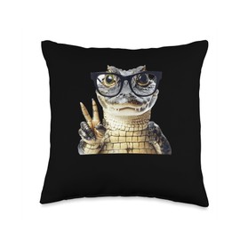 Alligator With Glasses Peace Sign Cool Look Crocodile Throw Pillow