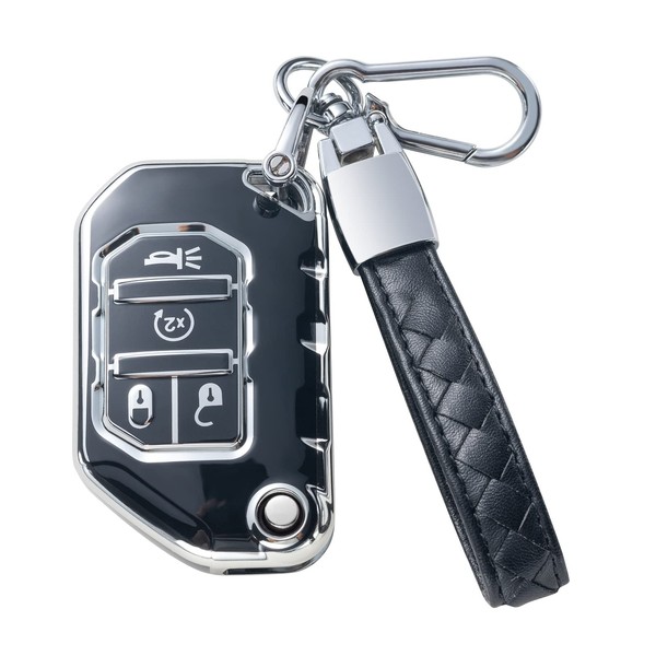 CHEZENHUI Compatible with Jeep Key Fob Cover with Leather Lanyard,
