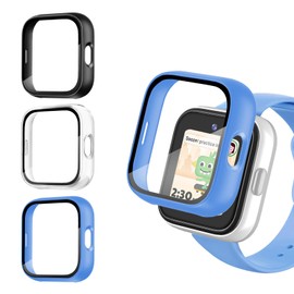3 Pack Protective Case Compatible for SyncUp Kids Watch Screen Protector, Hard PC Bumper Cover Built-in Tempered Glass for Sync UP Kids Watch Accessories-Black+Clear+Blue