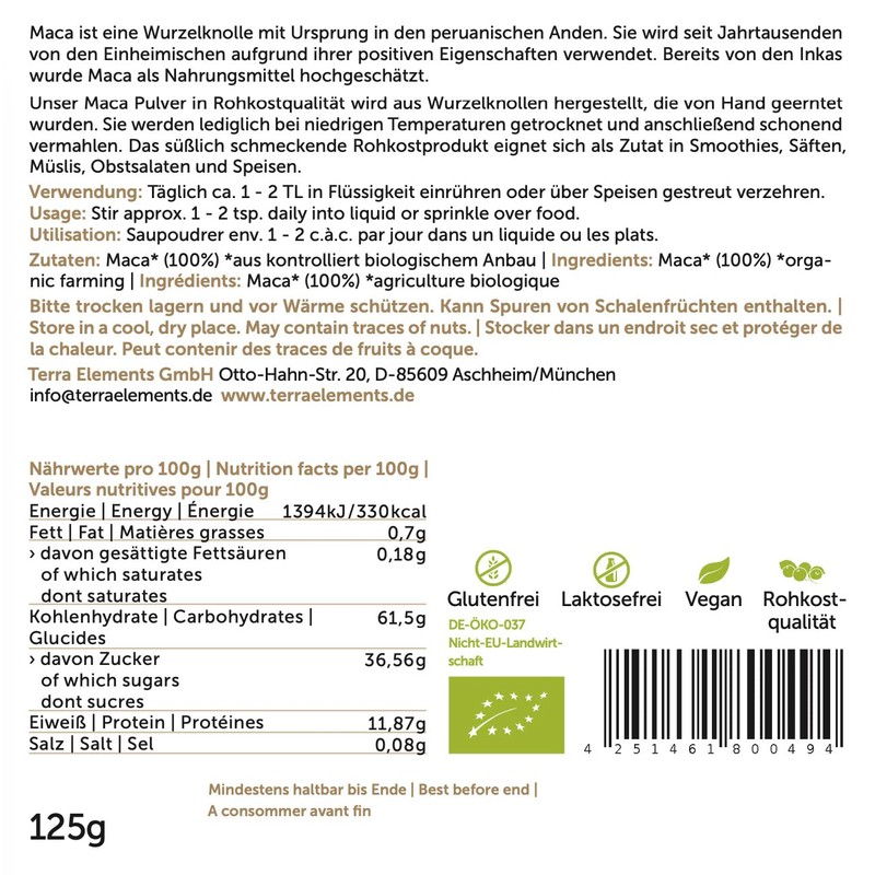 Terra Elements Organic Maca Powder, 125 g, Yellow Maca Root