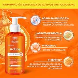 Darrow Actine Gel Limpiador Facial Dermatológico con Vitamina C y acido salicilico, para Piel Grasa y con Tendencia Acneica, Elimina el Brillo del Rosto y Refresca, Ideal para Skincare Diario, 140g