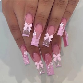 GlamRays Press On Nails Coffin Nail White French Tip False Nails Square Shape Full Cover Lace Glitter Glue Nails Pink Flowers Bow Charms Designs Pack of 24