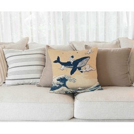 Solekla Ocean Wave Outdoor Throw Pillow Cover Astronauts Riding Whales in Ocean Wave Decorative Pillows Farmhouse Cushion Cases Home Decor for Couch 18x18 inch