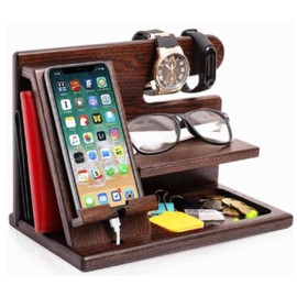SAISAC Wooden Cell Phone Charging Docking Station Stand Organizer Compact Glasses Keychain Wallet Watch Organizer Gadget Multifunctional Office Gift Keepsake